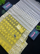 Yellow Colour Original Handloom Halfsilk Dhakai Jamdani With White Threads Work