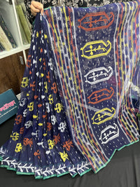 Deep blue halfsilk jamdani saree with orange yellow white threads work