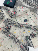 White cotton jamdani saree with black red yellow green threads work & blouse piece.