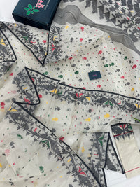 White cotton jamdani saree with black red yellow green threads work & blouse piece.