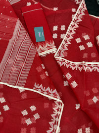 Radish Maroon cotton jamdani saree with white threads work all over work.