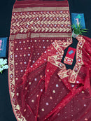Red jamdani saree with golden jori all over work with blouse piece.