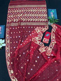 Red jamdani saree with golden jori all over work with blouse piece.