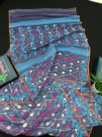 Purplish Blue dual toned jamdani saree with white pink blue threads work & blouse piece.