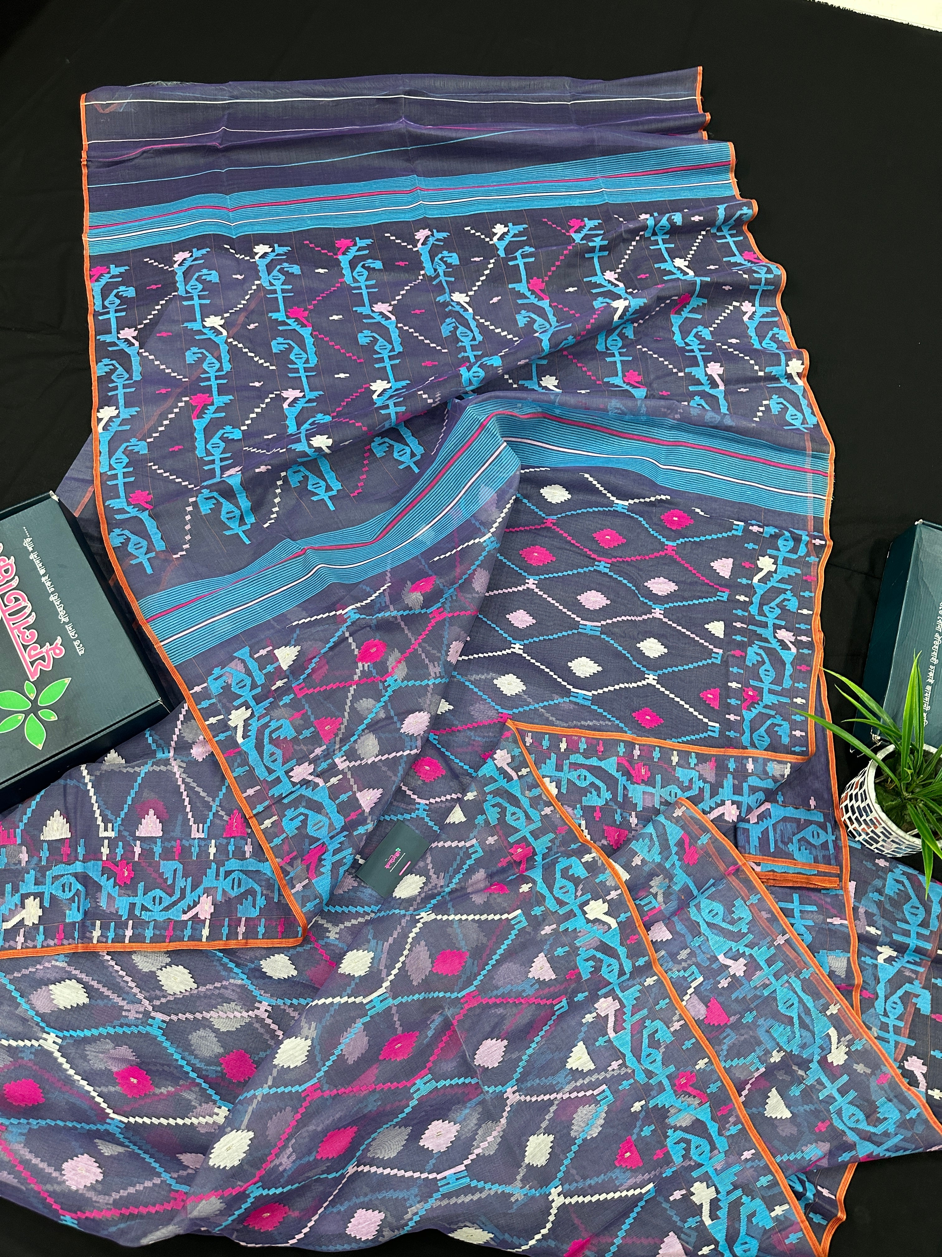 Purplish Blue dual toned jamdani saree with white pink blue threads work & blouse piece.