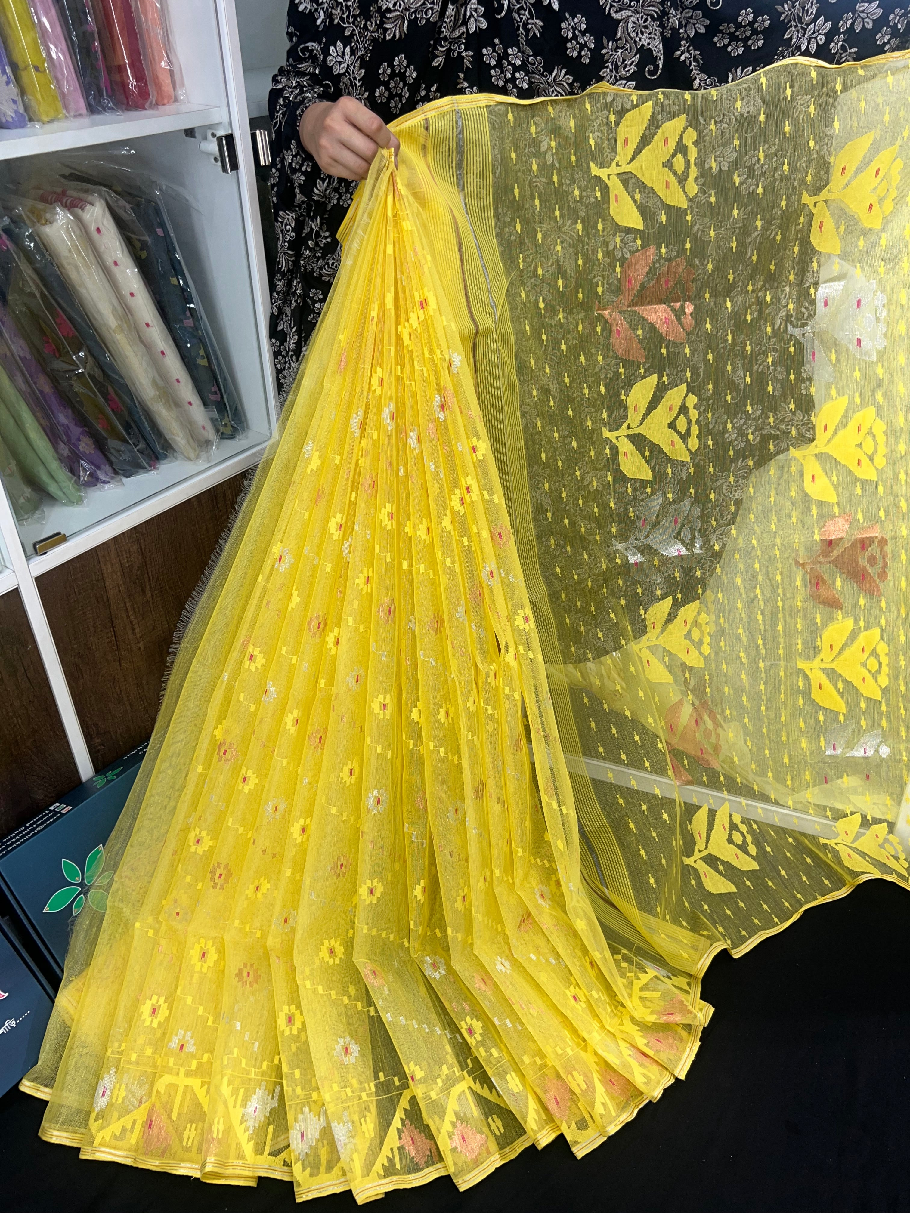 Yellow halfsilk jamdani saree with golden silver & copper jori work and self threads work