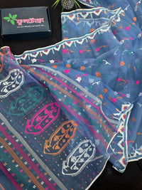 Dusty blue jamdani saree with pink white blue green work and white paar.