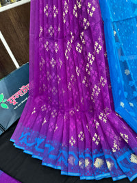 Purple halfsilk jamdani saree with golden jori work and contrast blue paar