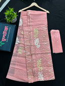 Blushing peach halfsilk jamdani saree with golden jori work and white threads work