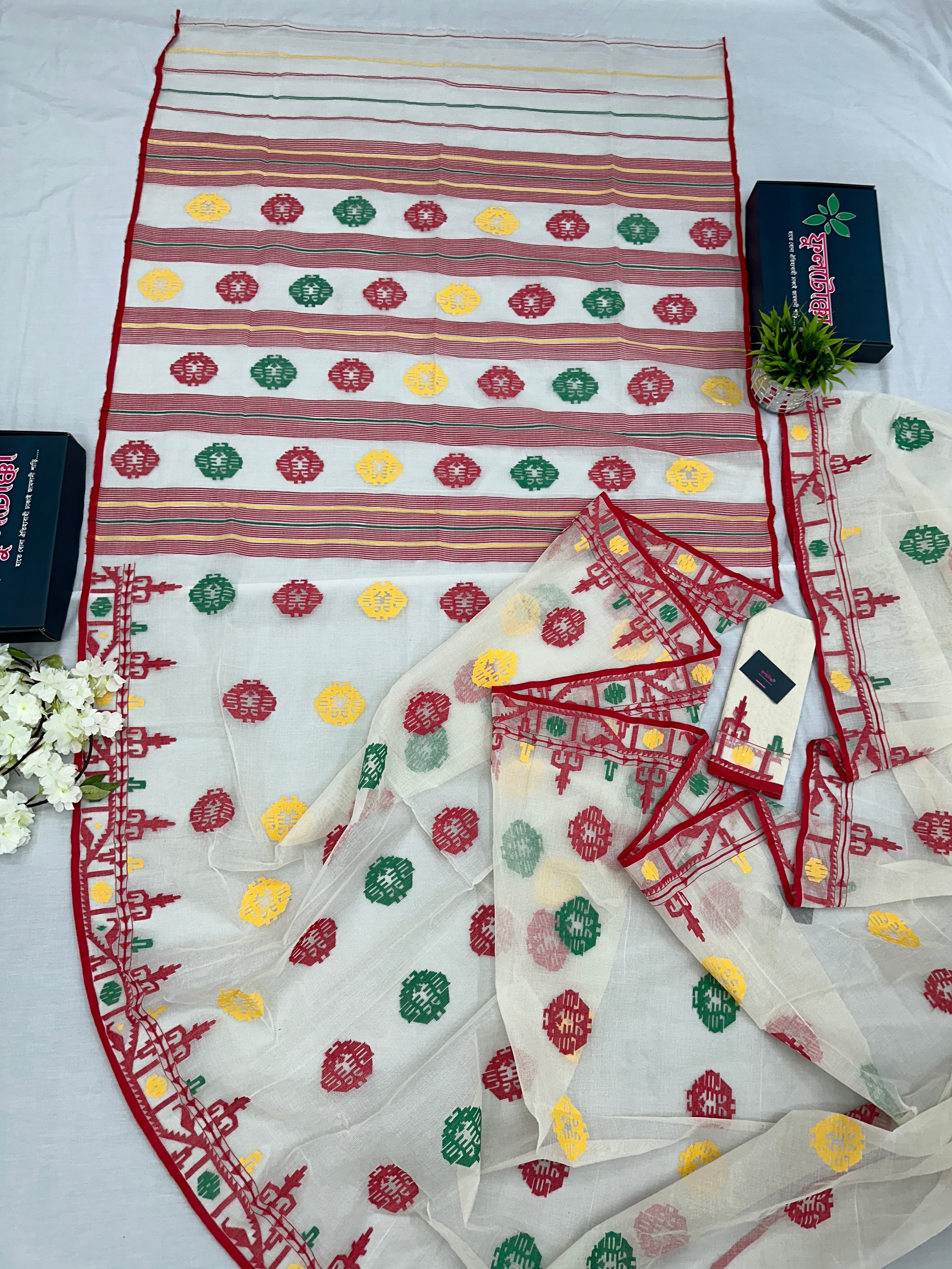 White multi cotton jamdani saree