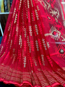Red semi bridal halfsilk jamdani saree with golden jori work and red threads work