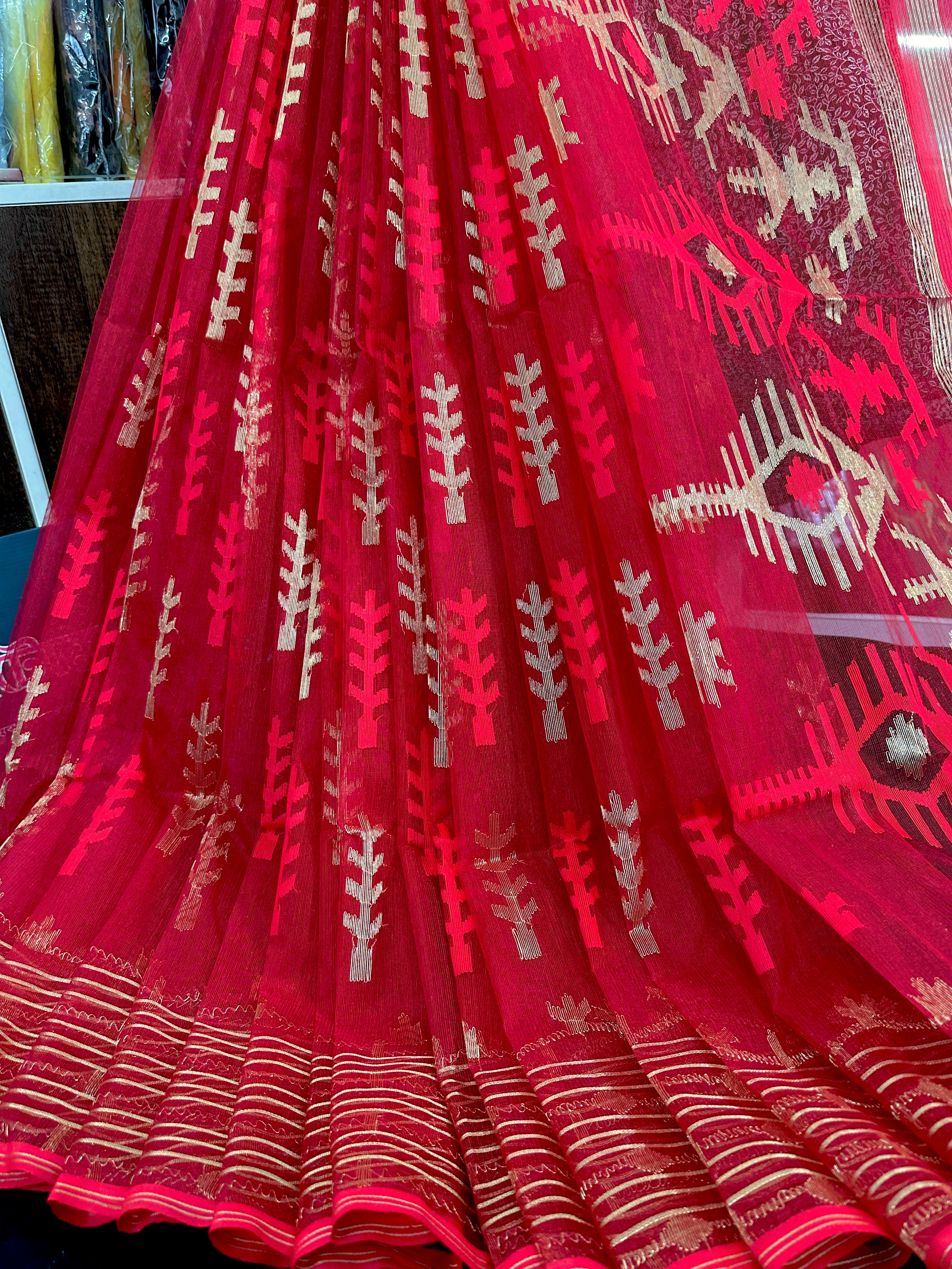 Red semi bridal halfsilk jamdani saree with golden jori work and red threads work