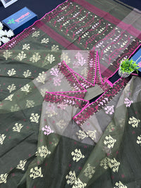 Dual Shaded Original Handloom Halfsilk Dhakai Jamdani Saree With Pink Olive Threads Work