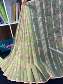 Lite olive halfsilk jamdani saree with pink blue olive threads work