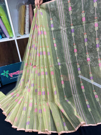 Lite olive halfsilk jamdani saree with pink blue olive threads work