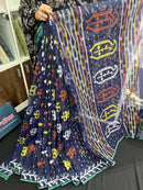 Deep blue halfsilk jamdani saree with orange yellow white threads work