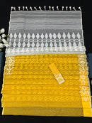 Yellow Original Handloom Halfsilk Dhakai Jamdani Saree With Self Threads Work & White Threads Work