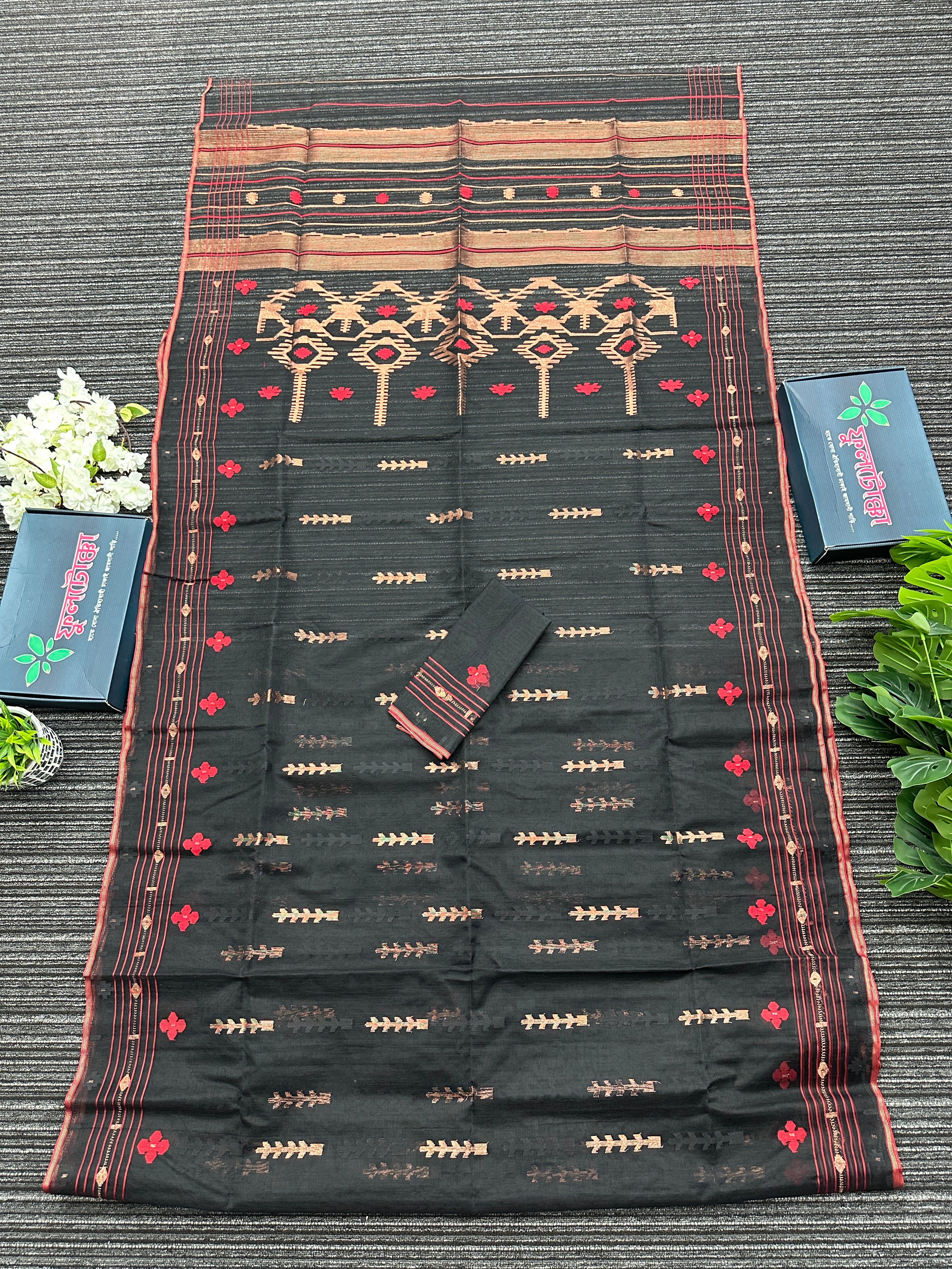 Black halfsilk jamdani saree with red paar and copper jori work