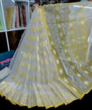 Creamy white halfsilk jamdani saree with golden jori work and blouse piece