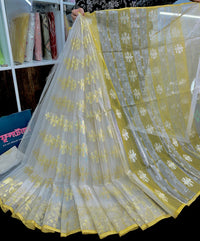 Creamy white halfsilk jamdani saree with golden jori work and blouse piece