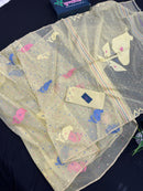 Baby yellow halfsilk jamdani saree with blue pink baby yellow threads work.