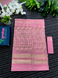 Nion pink halfsilk jamdani saree with golden silver jori work and pink threads work