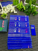 Royal blue halfsilk jamdani sari with golden silver copper pink jori work
