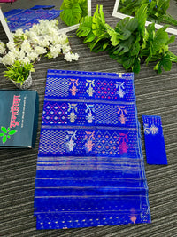 Royal blue halfsilk jamdani sari with golden silver copper pink jori work