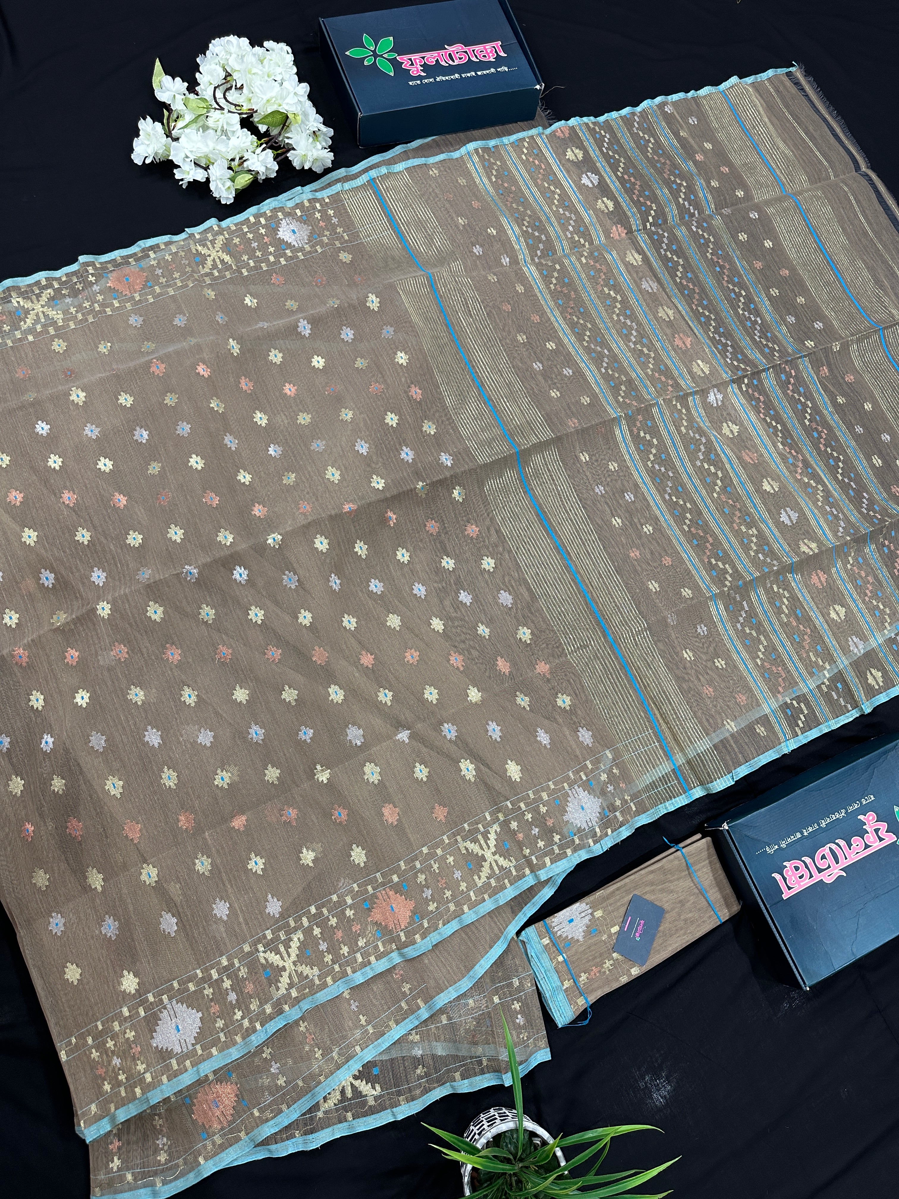 Dull Brown dhakai jamdani saree with golden silver & copper jori work all over work soft count