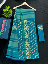 Sea green dual toned halfsilk jamdani with golden silver & copper jori work