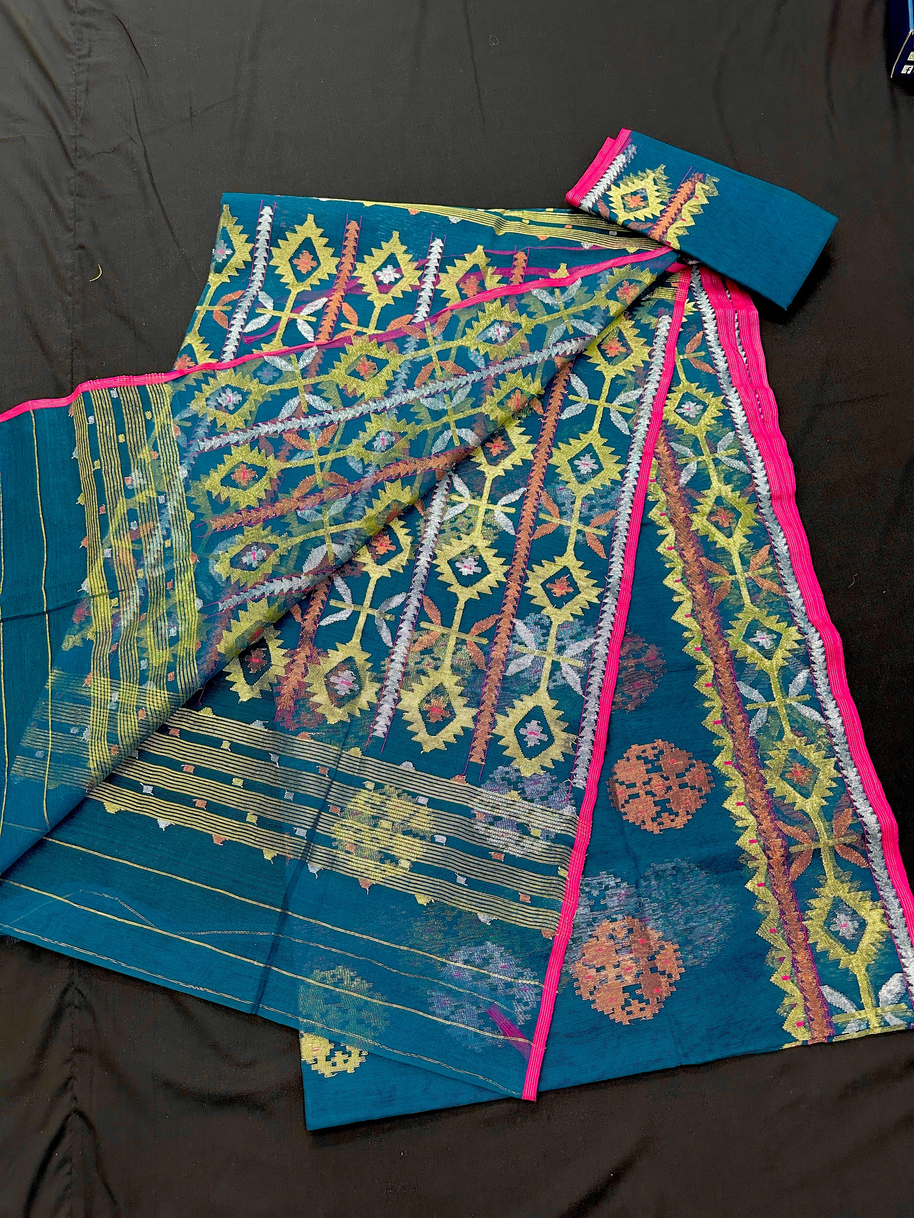 Sea green with multi colour jari woHandloom dhakai jamdani saree.