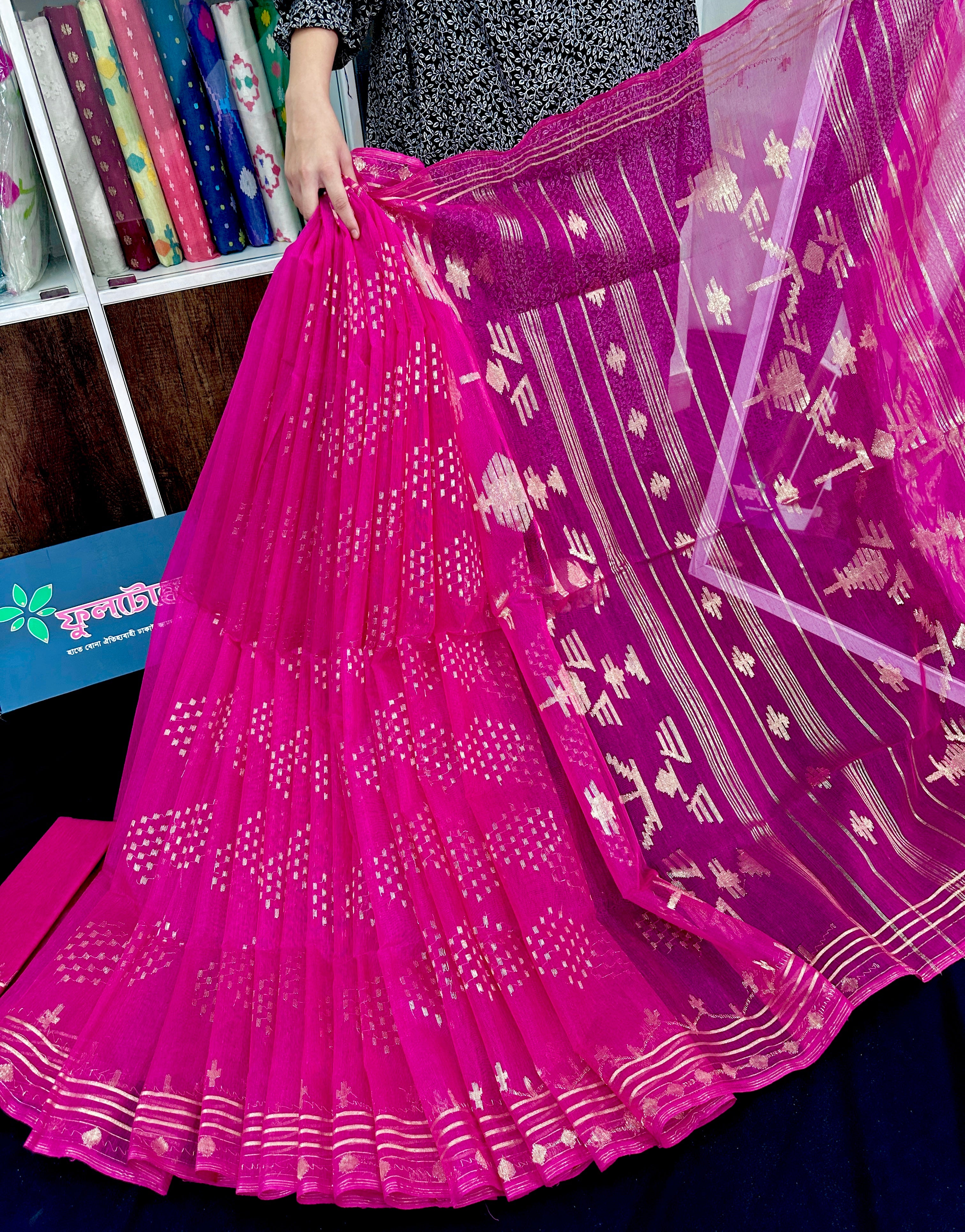 Magenta halfsilk jamdani saree with golden jori work