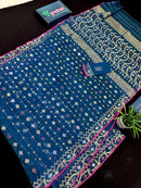 Peacock blue jamdani saree with golden silver copper jori work and pink border