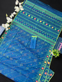Sea Green Original Handloom Dhakai Jamdani With Orange Green & Yellow Threads Work