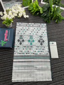 White cotton jamdani saree white black green threads work