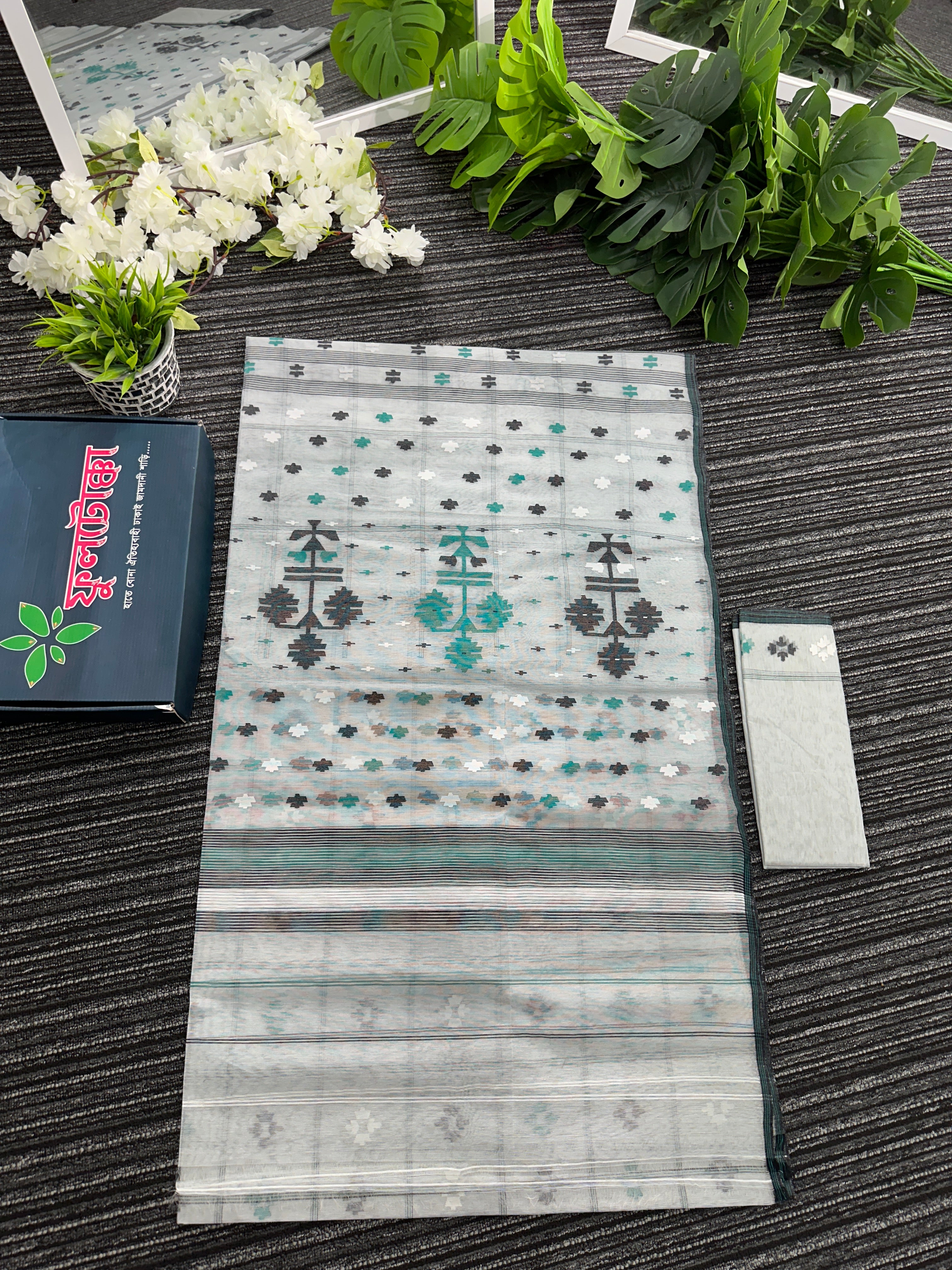White cotton jamdani saree white black green threads work