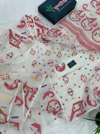 White cotton jamdani saree with multiple colour threads work and blouse piece.
