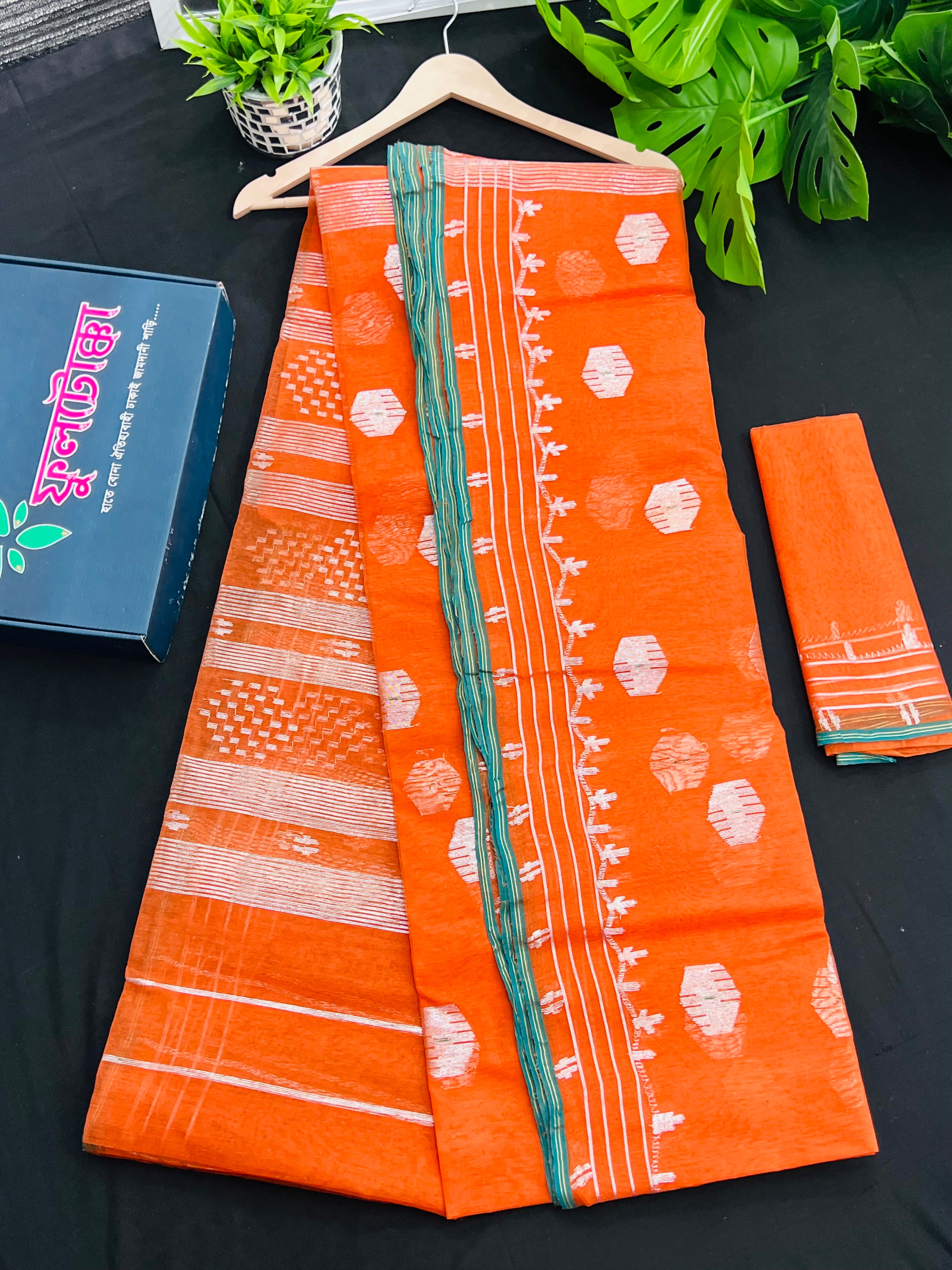 Orange Original Handloom Halfsilk Dhakai Jamdani Saree