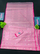 Pink colour handloom halfsilk original dhakai jamdani saree with golde jori work & self threads work
