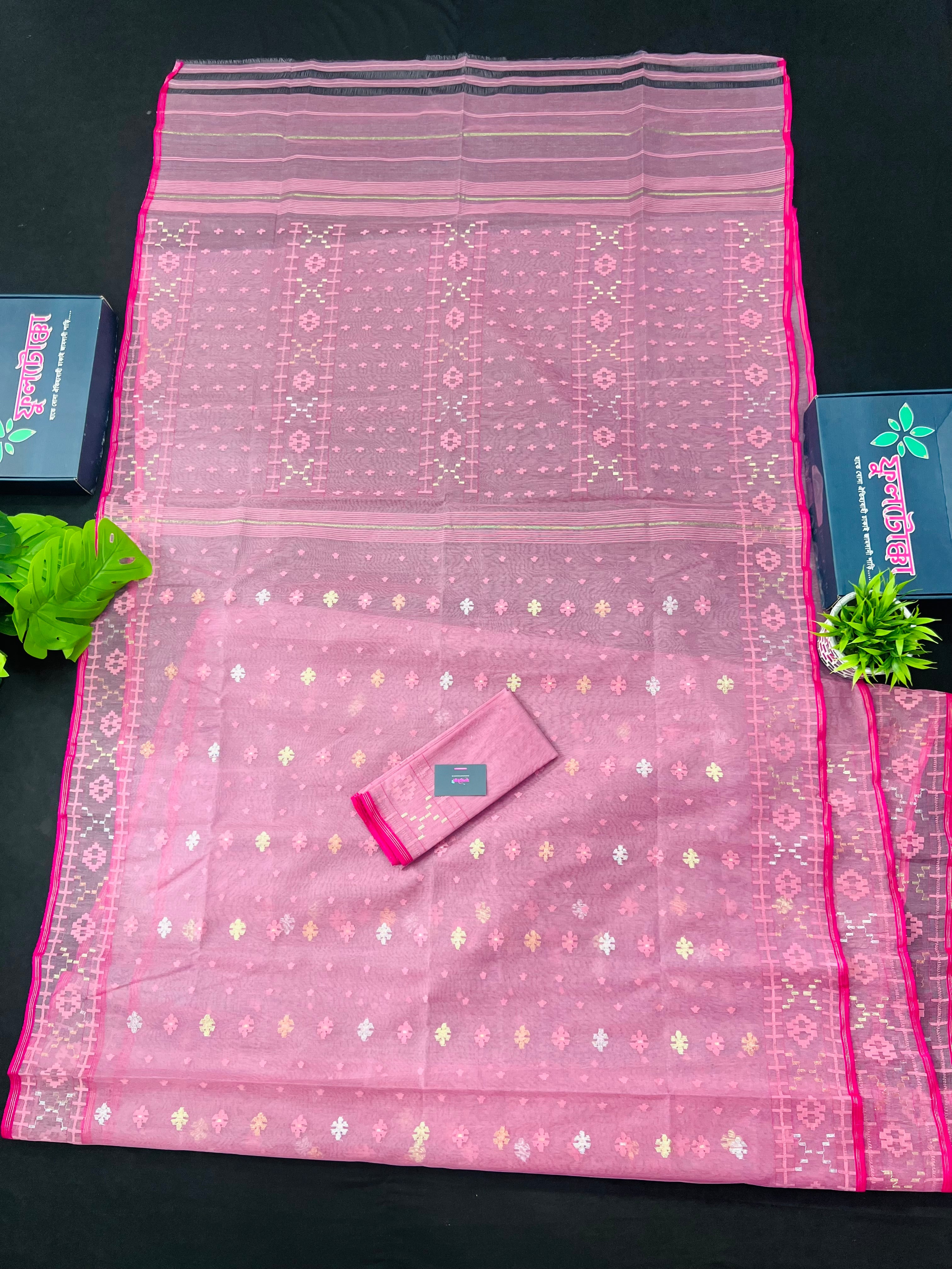 Pink colour handloom halfsilk original dhakai jamdani saree with golde jori work & self threads work