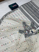 White cotton jamdani saree with black red yellow green threads work & blouse piece.