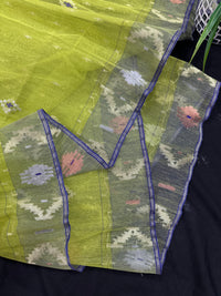 Olive halfsilk jamdani saree with golden silver & copper jori work and blue contrast paar