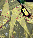 Pastel yellow dhakai jamdani saree with yellow threads silver & copper jori work all over work soft count.