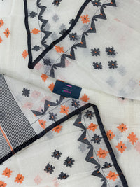 White cotton jamdani saree with orange & black threads work.
