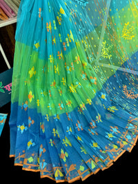 Tripple shaded halfsilk jamdani saree with yellow blue orange threads work.