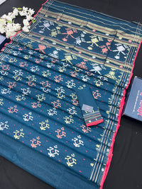 Blue Colour Original Handloom Halfsilk Dhakai Jamdani Saree With Golden Silver & Copper Jori Work