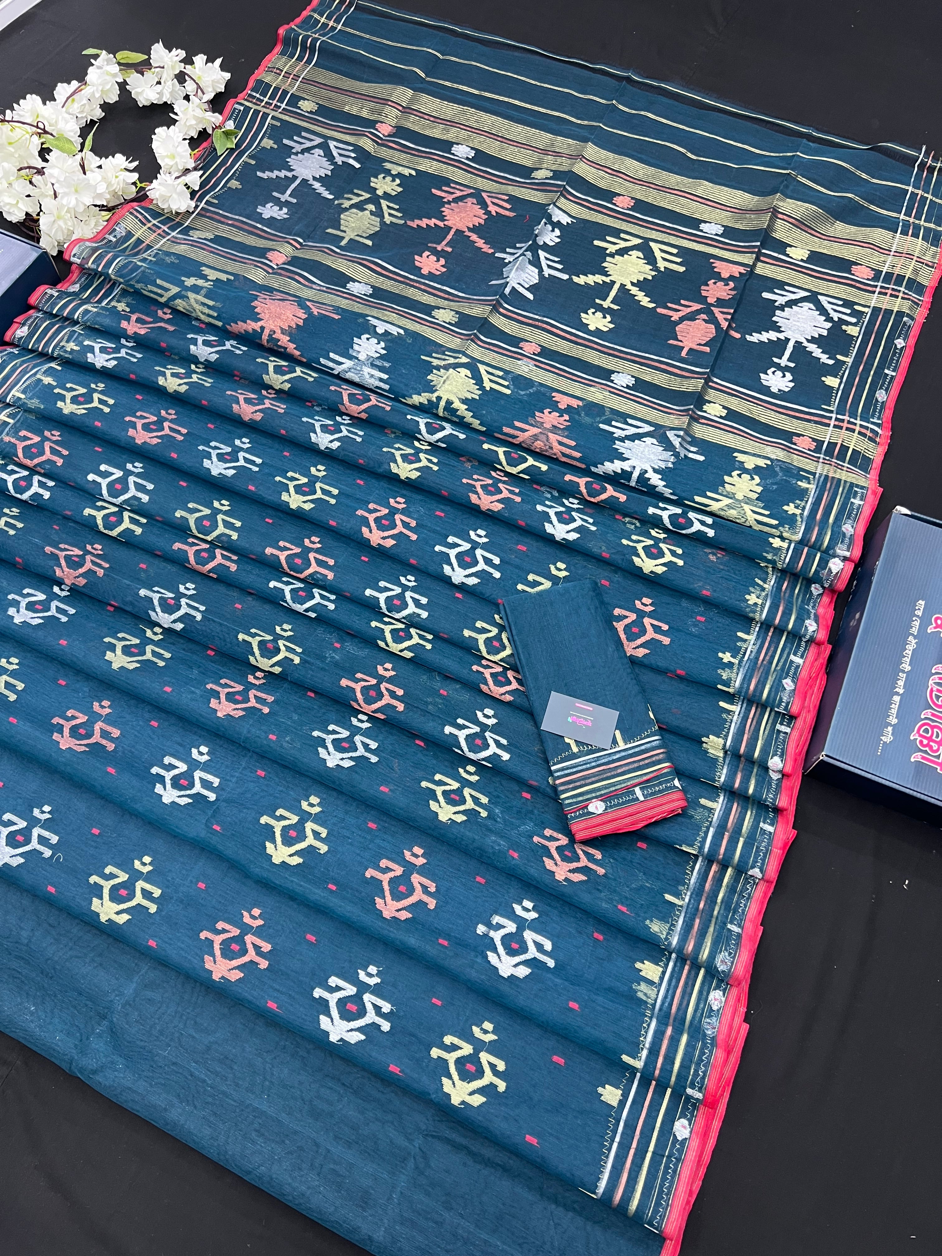Blue Colour Original Handloom Halfsilk Dhakai Jamdani Saree With Golden Silver & Copper Jori Work