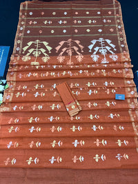Brick orange halfsilk handloom original dhakai Jamdani saree with golden silver & copper jori work