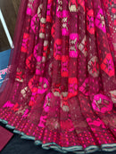 Redish Maroon bridal exclusive halfsilk jamdani saree with red magenta threads work and golden jori work