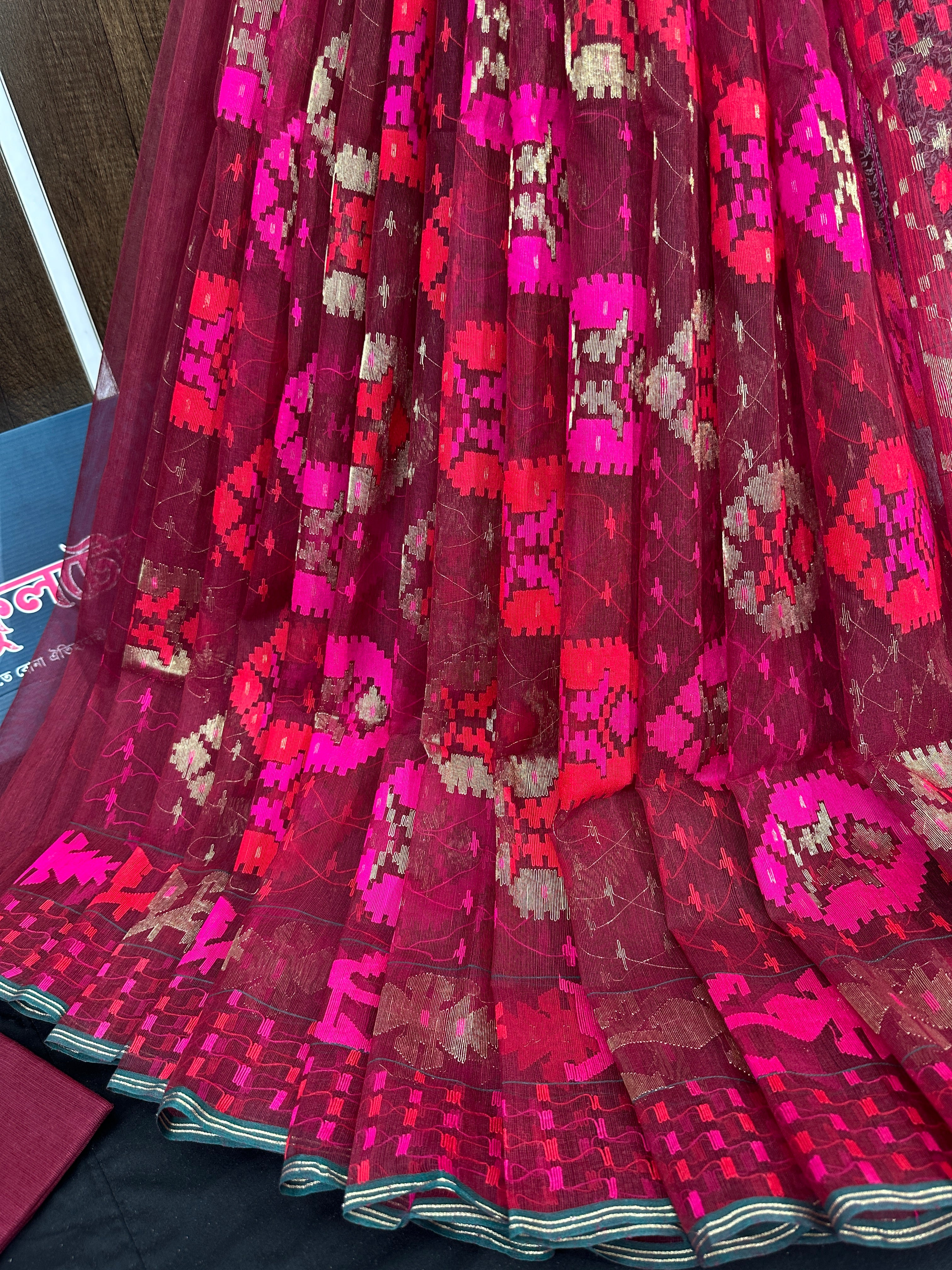 Redish Maroon bridal exclusive halfsilk jamdani saree with red magenta threads work and golden jori work